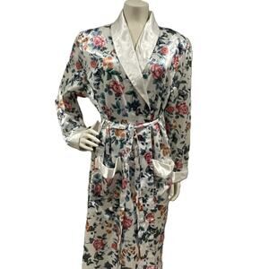 VTG Kathryn Satin Robe Floral Belted Pockets Pink Blue Ivory Roses‎ Loungewear